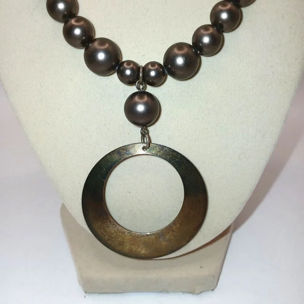 Emily Ray Bronze Tone Beaded Pendant Necklace Antique Gold Tone Signed 17 inches